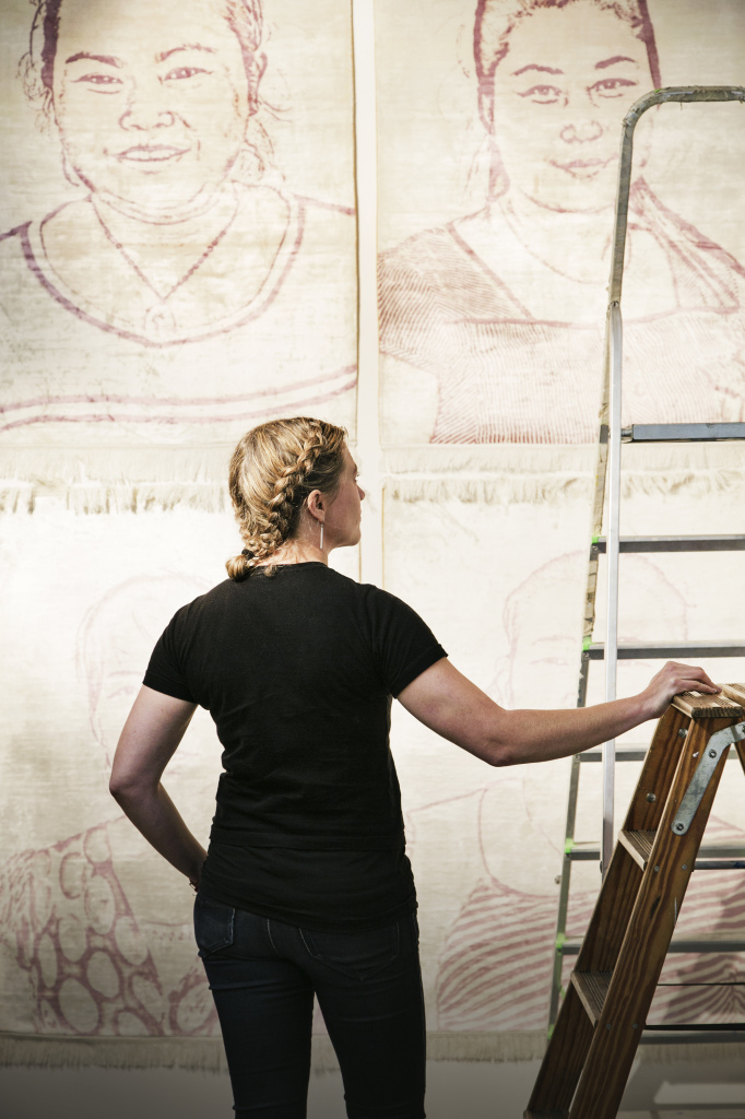 Installing the series of silkcarpets "Zhinü´s sisters" Photo Annci Gustavsson Andersson